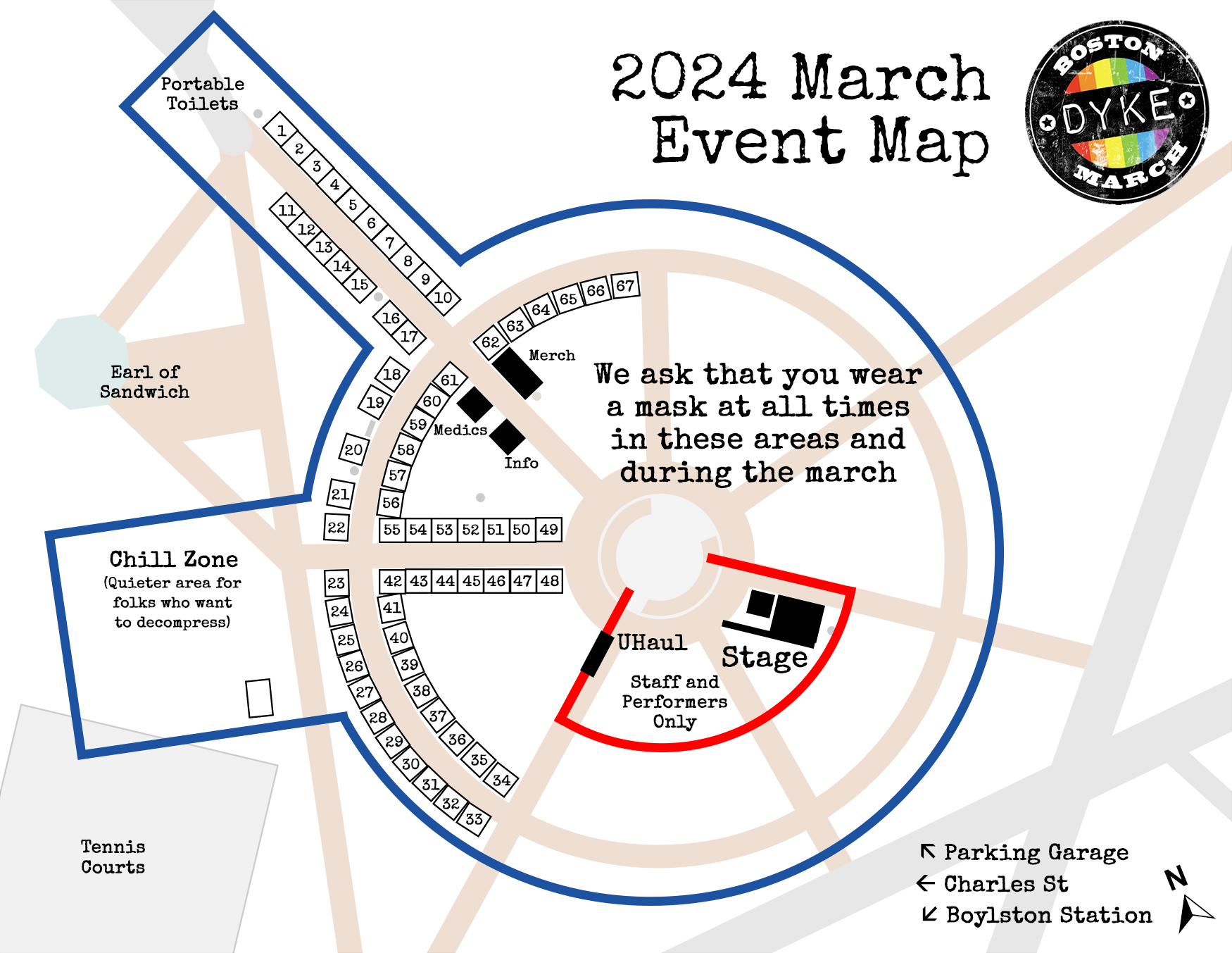 2024 map.Stage is to right of bandstand. Areas within the circular walkway and down the walkway by Earl of sandwich are indicates as masking areas.There's a chill zone between Earl of sandwich and the tennis courts.Portable toilets are down the walk past Earl of sandwich
